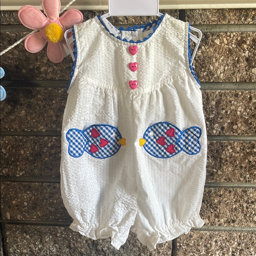 Vintage Samara Adorable White Romper with Fish Appliqué Sz 6/9M